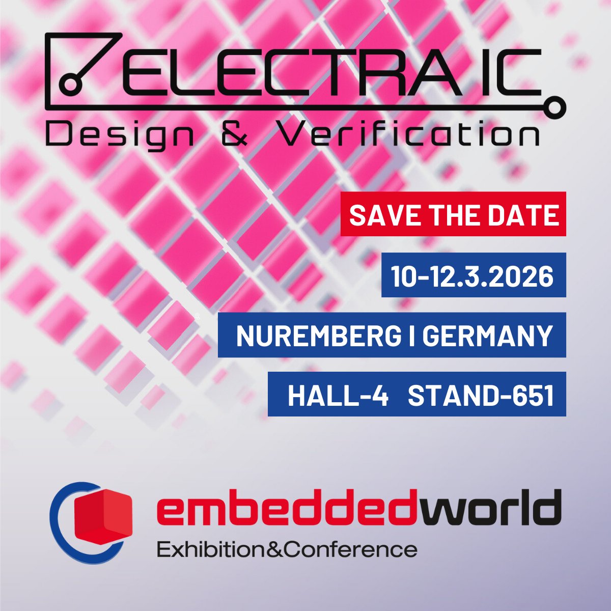 electraic's tweet photo. Join ELECTRA IC at #EmbeddedWorld2026 under Turkish Integrated Circuits Alliance - TICA
📍 Nuremberg, Germany
📌 Hall 4 / Stand 4-651
📅 10–12 March 2026
Discover our expertise in ASIC/FPGA, embedded software, and hardware design. 

#ElectraIC #EW2026 #EmbeddedSystems #FPGA #ASIC https://t.co/zV8z1I1n7n