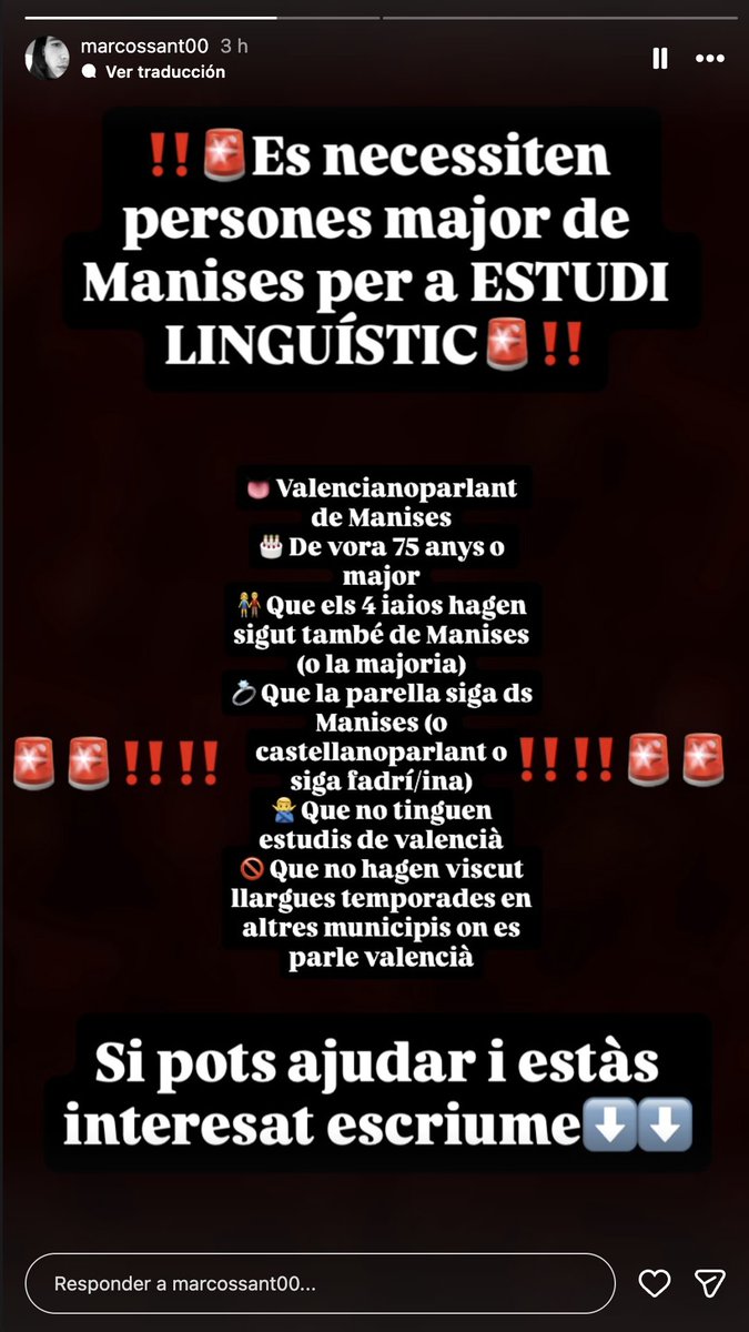 ‼️🚨 ATENCIÓ MANISES 🚨‼️
Es busquen persones majors per a un #estudi #lingüístic. Requisits:
👅 Valencianoparlants de Manises. 
🎂 ~75 anys o més.
🏡 Família i parella del poble.
🎓 Sense estudis formals de valencià.
Si coneixes algú o pots ajudar, contacta amb @marcossant00! 📩