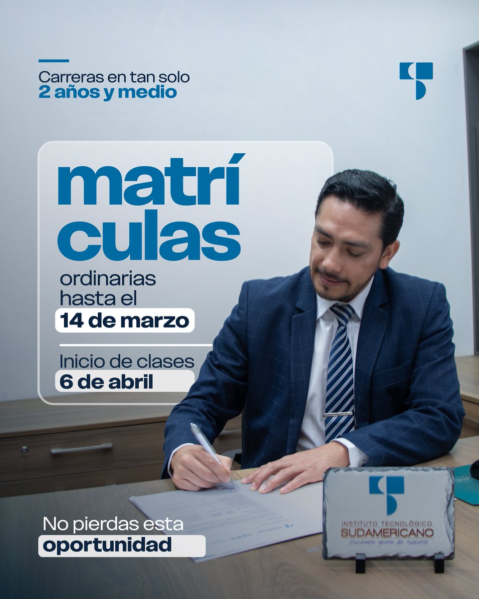 📷  Estudia una carrera en solo 2 años y medio y prepárate para nuevos retos.
📷 Matrículas ordinarias: hasta el 14 de marzo
📷 Inicio de clases: 6 de abril
📷 Modalidad presencial / 📷100% online
📷 Conoce el proceso de matrícula wa.link/v7aca8