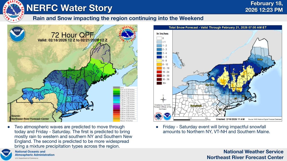 Today's event is predicted to bring rain to parts of NY and Southern New England. The next system is predicted to be more widespread bring a mixture of precipitation across the region. Including impactful snowfall amounts to Northern NY, VT-NH and Southern Maine.
