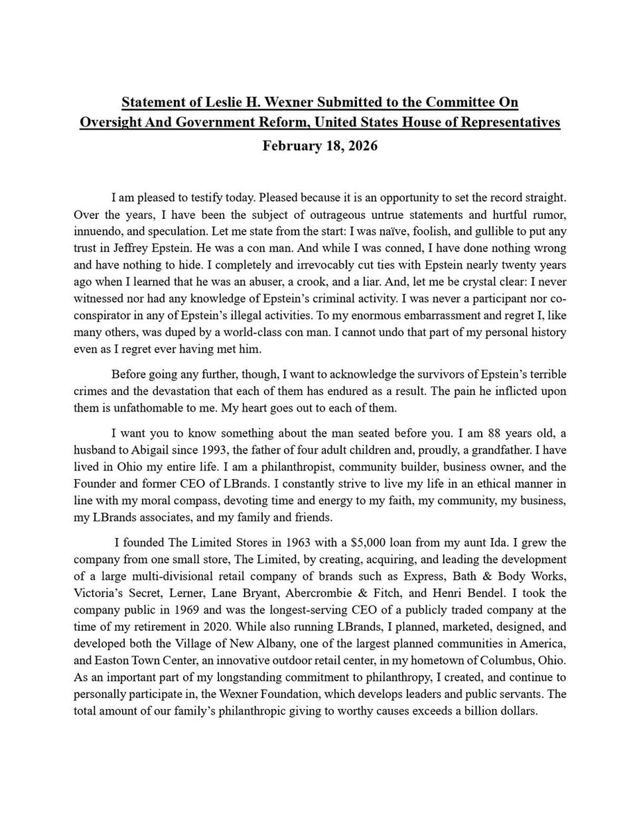 MeidasTouch's tweet photo. JUST IN: Billionaire Les Wexner has submitted a written statement to the House Oversight Committee ahead of his testimony on Jeffrey Epstein.

In the letter, Wexner says he was “naive” and duped by Epstein, calls him a “con man,” and insists he cut ties nearly two decades ago and had no knowledge of Epstein’s criminal conduct.