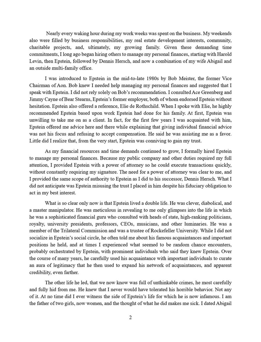 MeidasTouch's tweet photo. JUST IN: Billionaire Les Wexner has submitted a written statement to the House Oversight Committee ahead of his testimony on Jeffrey Epstein.

In the letter, Wexner says he was “naive” and duped by Epstein, calls him a “con man,” and insists he cut ties nearly two decades ago and had no knowledge of Epstein’s criminal conduct.