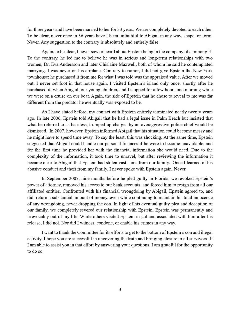 JUST IN: Billionaire Les Wexner has submitted a written statement to the House Oversight Committee ahead of his testimony on Jeffrey Epstein.

In the letter, Wexner says he was “naive” and duped by Epstein, calls him a “con man,” and insists he cut ties nearly two decades ago and