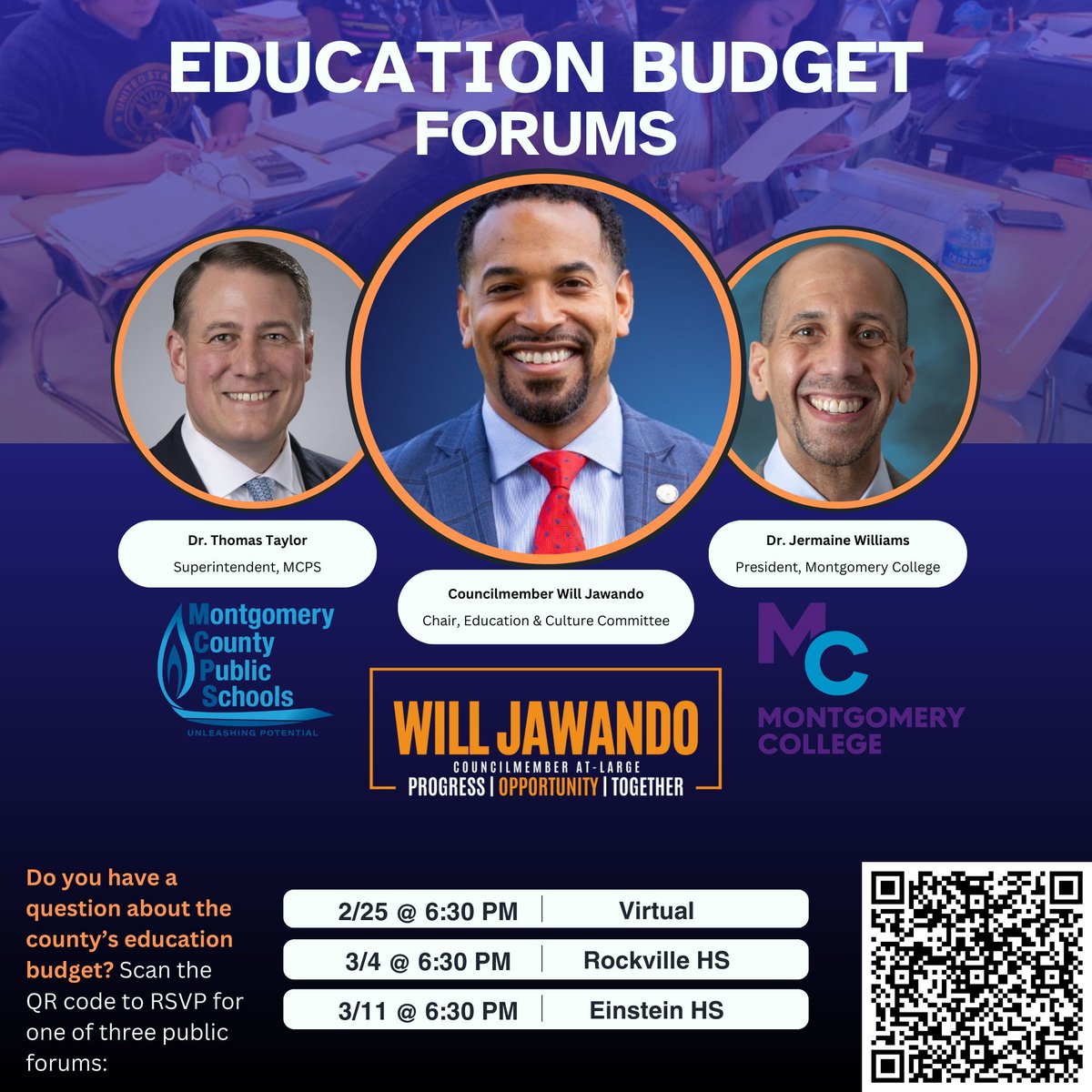 I'm hosting three public education budget forums with <a href="/MCPS/">MCPS</a> Superintendent Taylor &amp; @MontgomeryColl President Williams. Our schools are at a critical juncture — and your voice matters.

Come ask questions. Get answers. Make an impact. 

RSVP: shorturl.at/d0TFI
