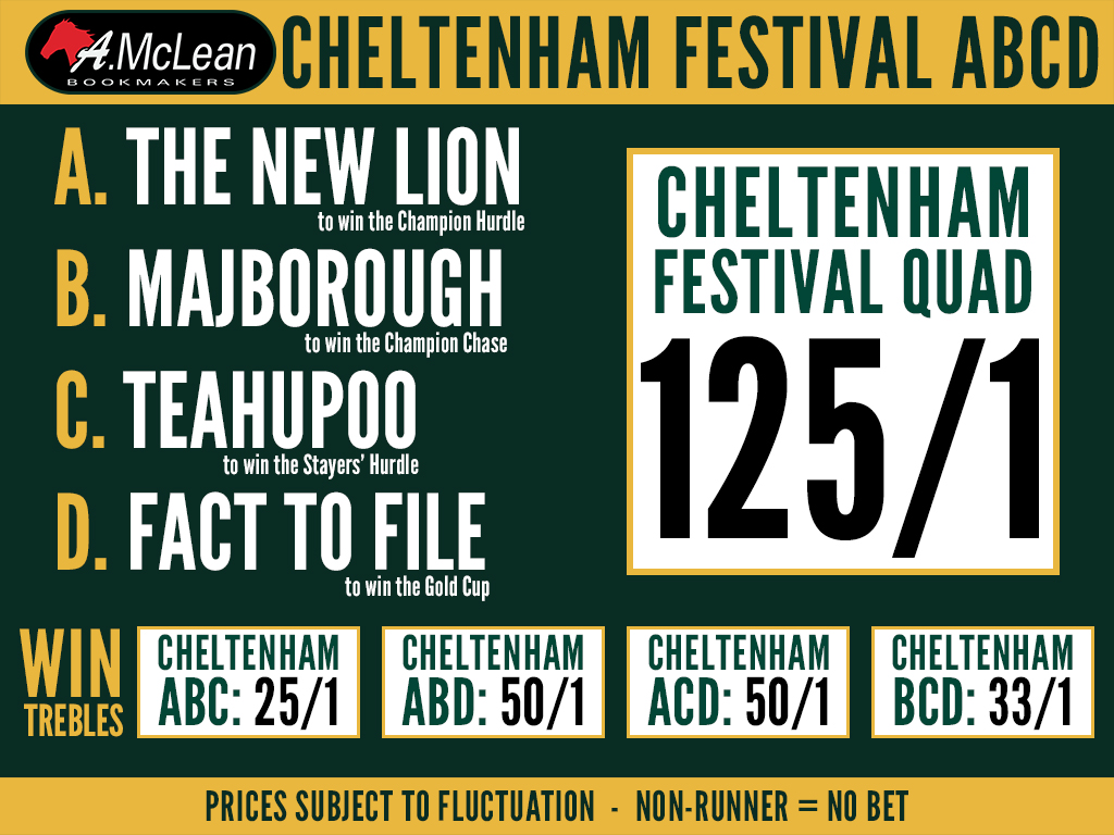 amcleanbookies's tweet photo. Check out this 125/1 #CheltenhamFestival ABCD⤵️ https://t.co/XSY38LAI9R
