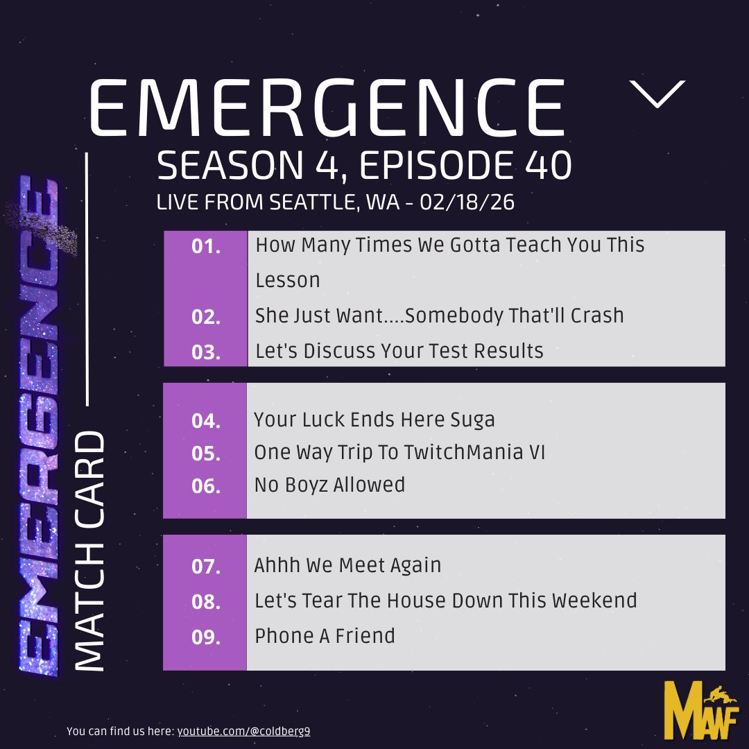 S4:E40 of #MAWFEmergence is here🙌🏾 This evening's Go Home show is coming to you from Seattle, WA! Your match card is below. 

I'm excited for all of these matches, but #1 - 3 definitely have me intrigued🤔 See you there 👉🏾twitch.tv/coldberg9.  #MAWF #WWE2K25 #Wrestling