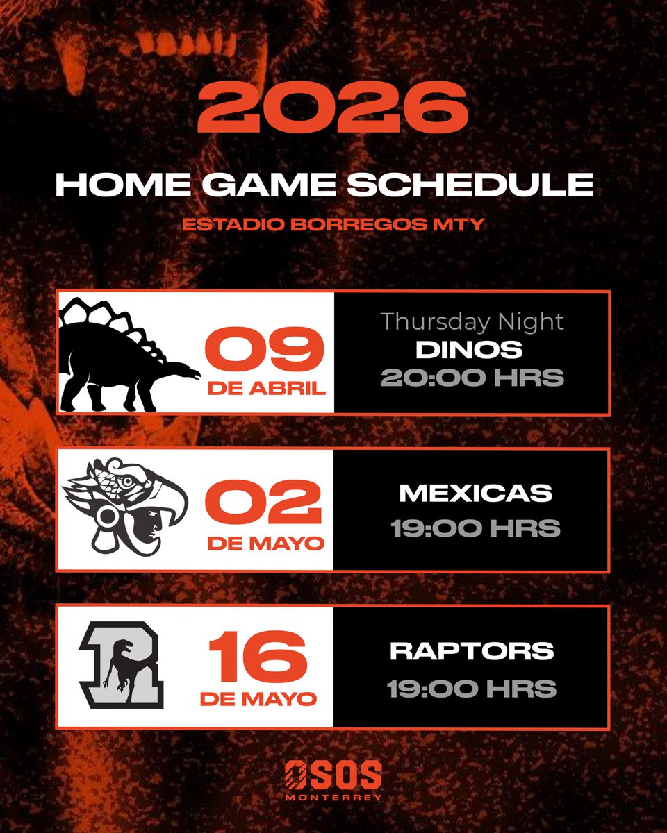 OsosLFA's tweet photo. 🐻 ¡Monterrey es Tierra de Osos ! 🏈
Les compartimos el calendario de juegos en casa de la temporada 2026.

🎟️ Boletos disponibles en :
https://t.co/GHD5rxzkgi

———

We’re excited to share the 2026 home game schedule.

Tickets available now at:
https://t.co/GHD5rxzkgi https://t.co/ubpaXttxpQ