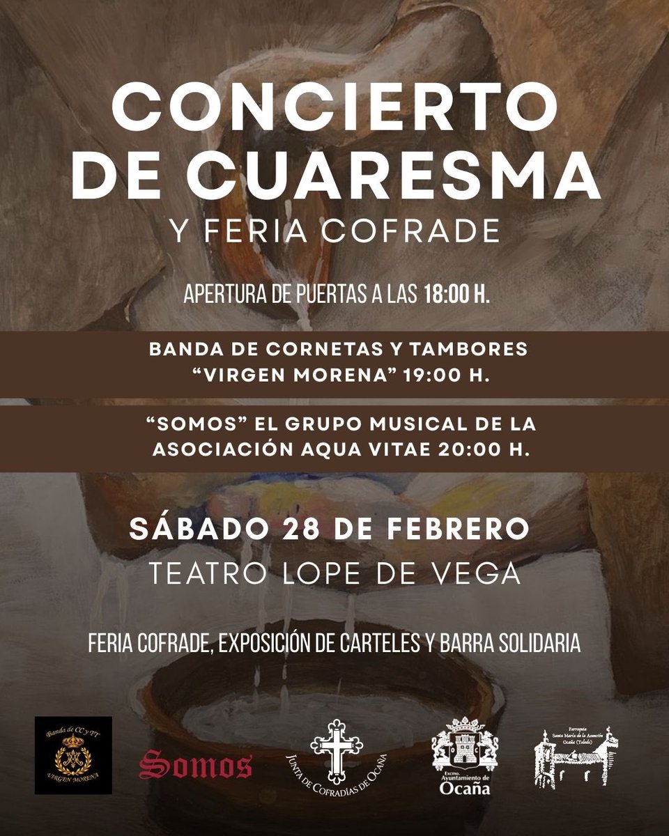 🎶 Concierto de Cuaresma y Feria Cofrade en Ocaña

La <a href="/JdCOcana/">Junta de Cofradías Ocaña</a> os invita a vivir una jornada única de música y tradición cofrade el próximo sábado 28 de febrero en el Teatro Lope de Vega.

#Cuaresma #ConciertoDeCuaresma #FeriaCofrade #Ocaña #SemanaSantaOcaña #JuntaDeCofradías