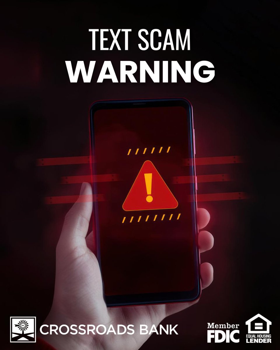 crbanktx's tweet photo. Scammers use urgent texts to pressure you into acting fast.

❌ Account locked
❌ Immediate action required
❌ Suspicious links

𝐌𝐞𝐦𝐛𝐞𝐫 𝐅𝐃𝐈𝐂 | 𝐄𝐪𝐮𝐚𝐥 𝐇𝐨𝐮𝐬𝐢𝐧𝐠 𝐋𝐞𝐧𝐝𝐞𝐫

#CrossroadsBank https://t.co/e3MxV3LUQj