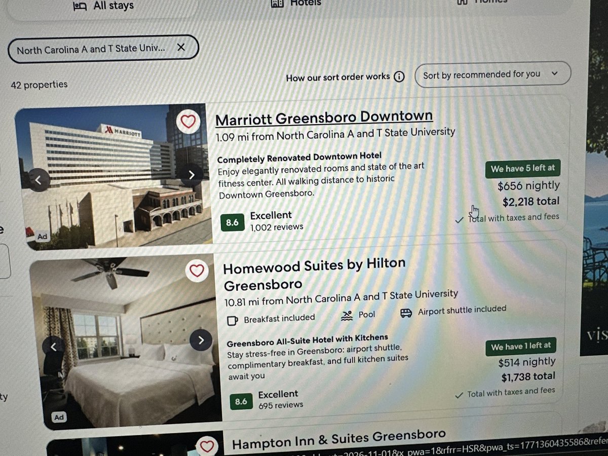 KelynGee's tweet photo. Yall. The Greensboro hotel prices for GHOE are out of this world AND they are pretty booked up already. Literally like a 400% mark up. https://t.co/MY5RMbMnTM