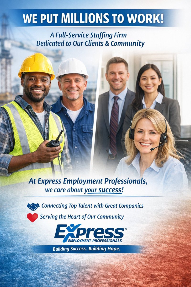 Millions of people have found work through Express Employment Professionals, and we’re just getting started! 💼✨

Whether you’re in construction, office administration, or looking for a new opportunity, we connect top talent with great companies — all while keeping the heart...