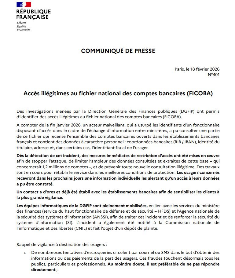 🚨🇫🇷 ALERTE INFO | Le fichier FICOBA a été victime d’un accès frauduleux. Les données de 1,2 million de comptes bancaires français auraient été consultées illégalement depuis plusieurs semaines par « un acteur malveillant » ayant usurpé les identifiants d’un fonctionnaire