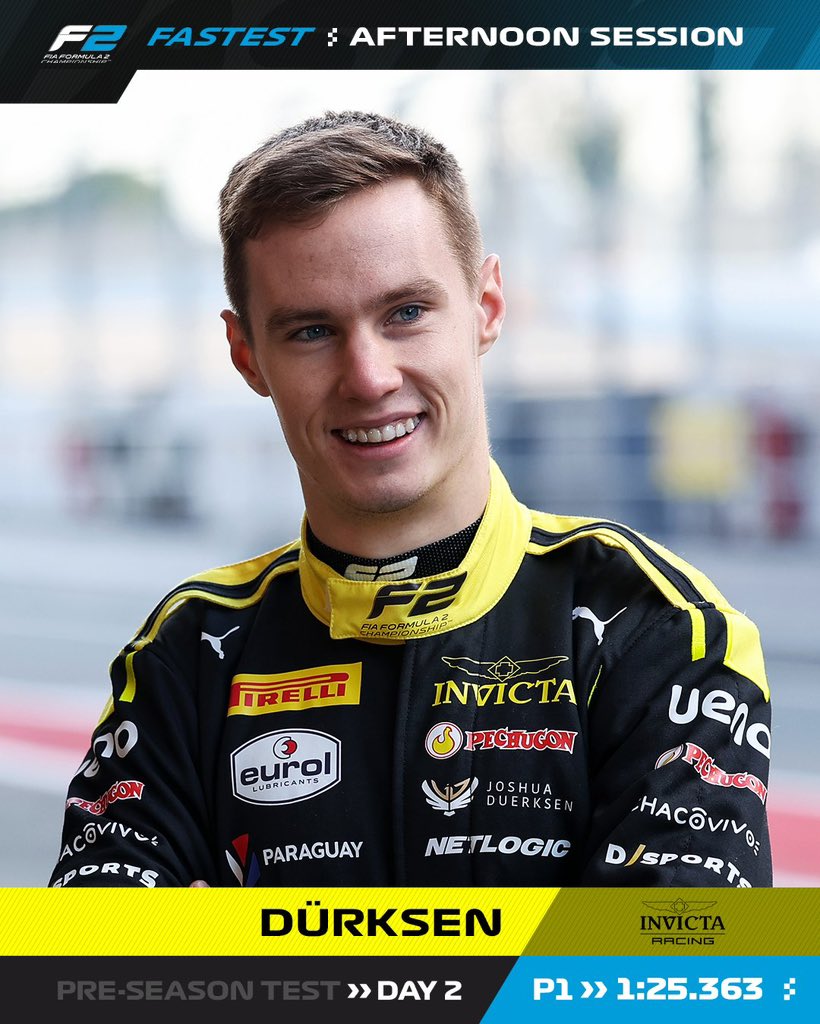 coparaguay's tweet photo. 🏎️ 🇵🇾 ¡JOSHUA DUERKSEN, FUE EL MÁS RÁPIDO EN LA FÓRMULA 2, ESTE MIÉRCOLES!

👉🏻 En el segundo día de pruebas de la #F2 en Barcelona, el piloto paraguayo tivo el mejor tiempo de toda la sesión con un 1.25,363 (el martes terminó segundo) y marca el paso para la presente temporada 👊🏻

#ParaguayPuede