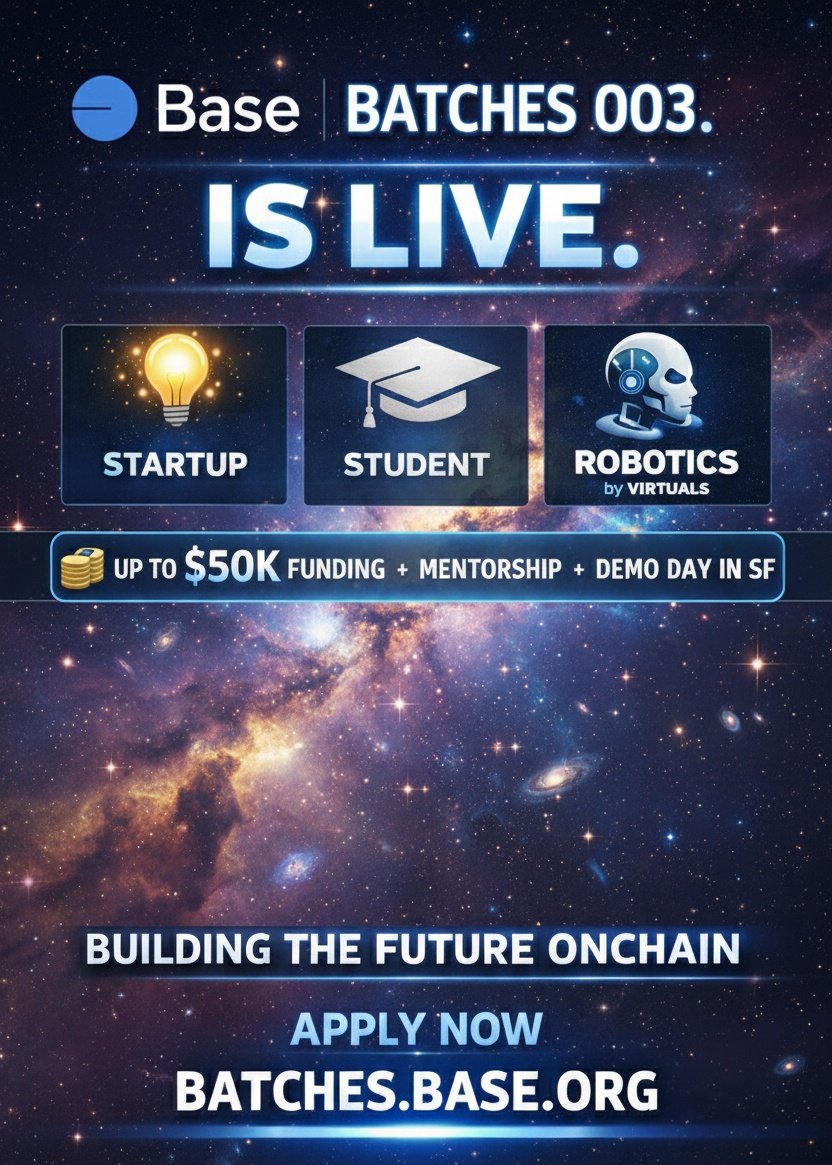 Base Batches 003 is live 🔥

Building on <a href="/base/">Base</a>? This is your moment.

💡 Startups
🎓 Students
🤖 Robotics (with Virtuals Protocol)

Up to $50K funding, real mentorship, and a Demo Day in San Francisco.

Not a program.
Serious builders only

🔵 Apply now → batches.base.org