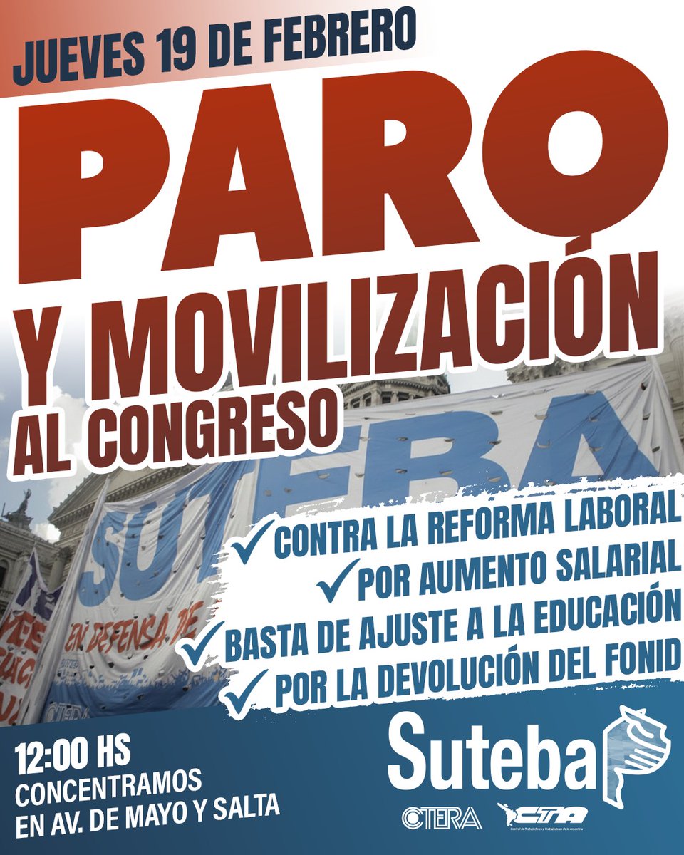 SUTEBAProvincia's tweet photo. 👉🏽 PARO Y MOVILIZACIÓN AL CONGRESO https://t.co/92ybcbuCuD
