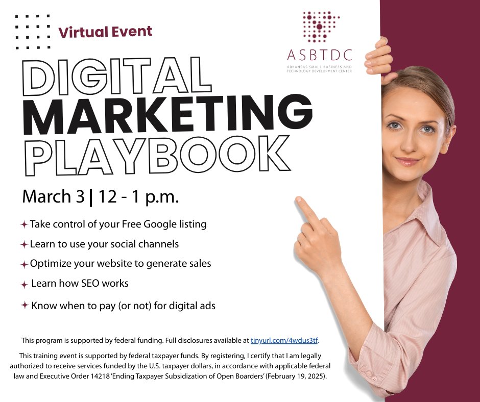 Struggling with marketing while running your business? Join ASBTDC's FREE “Digital Marketing Playbook”! Budget tips: Claim/boost Google listing, engage on social, smart ads on Google/FB/IG (when to spend), max free tools. Perfect for busy owners! Register: asbtdc.ecenterdirect.com/events/70372461