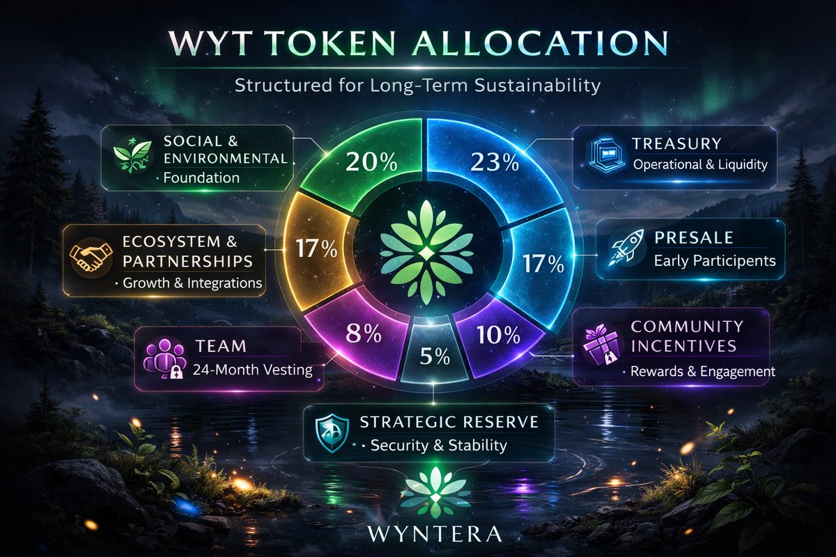WynteraLabs's tweet photo. Token Allocation Framework Finalized.

After extensive planning and structural review, the Wyntera token distribution model has been officially defined.

• 20% Social & Environmental Foundation
• 23% Treasury
• 17% Ecosystem & Partnerships
• 17% Presale Allocation
• 10% Community Incentives
• 8% Team (24-Month Vesting)
• 5% Strategic Reserve

Designed for long-term sustainability, infrastructure growth and responsible expansion.

Transparency first. Structure before scale.

#Wyntera #WYT #Tokenomics #Web3