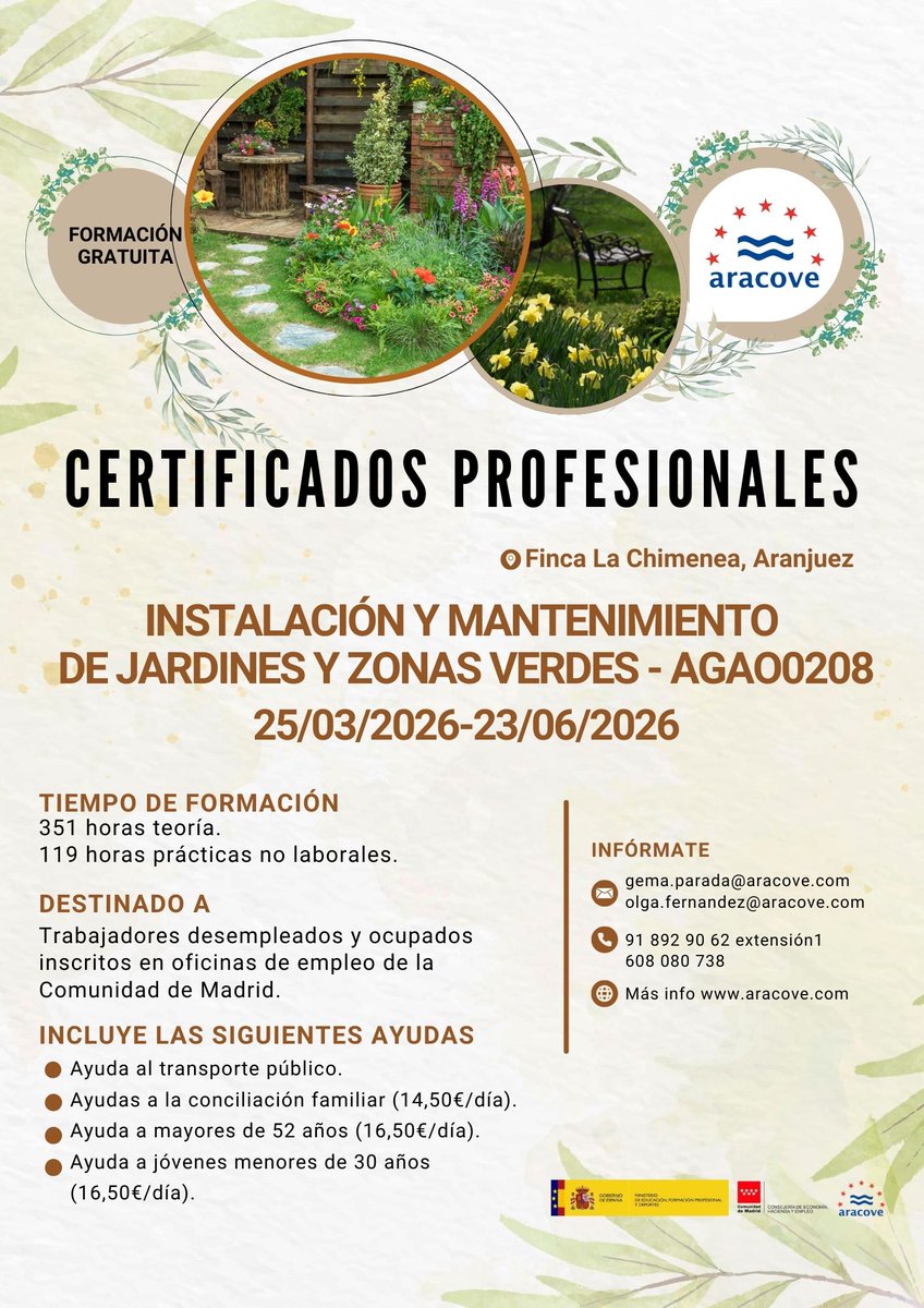 CERTIFICADOS PROFESIONALES.
FORMACIÓN GRATUITA EN ARACOVE.
¿Quieres convertirte en un profesional de la jardinería?
La formación oficial AGAO0208 – Instalación y Mantenimiento de Jardines y Zonas Verdes ya está disponible.