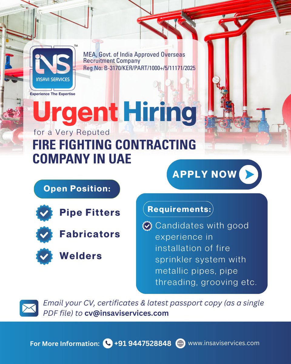 Insavi_Service's tweet photo. Hiring experienced professionals for a reputed fire fighting contracting company, UAE.
Open Positions:
 🔹 #PipeFitters
 🔹 #Fabricators
 🔹 #Welders

Requirements:
Experience in fire sprinkler system installation, metallic pipes, threading &amp; grooving etc.
#UAEJobs #HiringNow https://t.co/4LKpi4NL6q