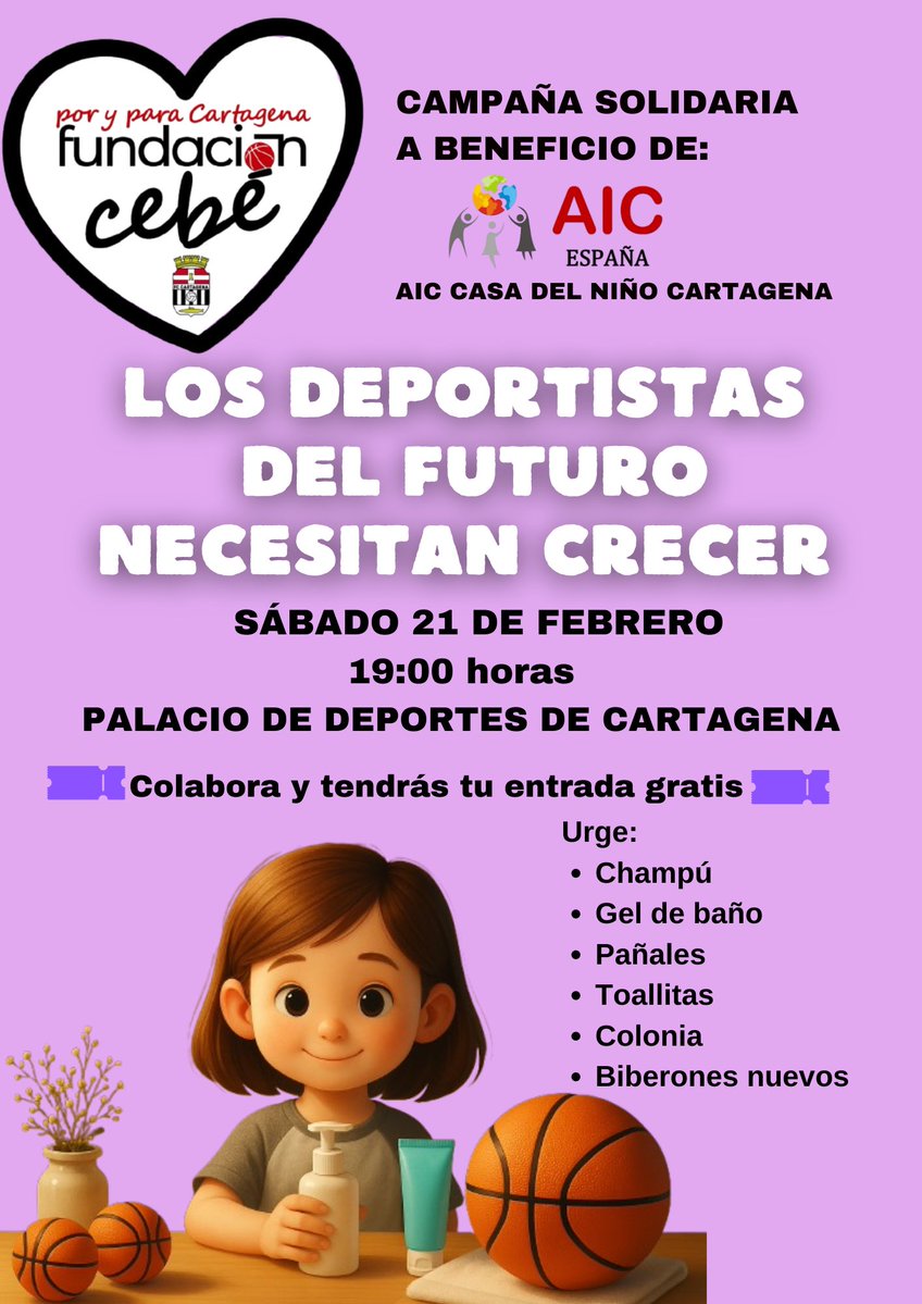 🎟️ Colabora y tendrás una entrada gratis para el partido de este sábado 🎟️

🙌🏻 Los pequeños deportistas te necesitan ❤️.

🏀 Te esperamos, trae productos de higiene infantil

👶🏻🧒🏻 Lo recaudado se destinará a familias de #Cartagena, a través de AIC y su proyecto ‘La gota de leche’