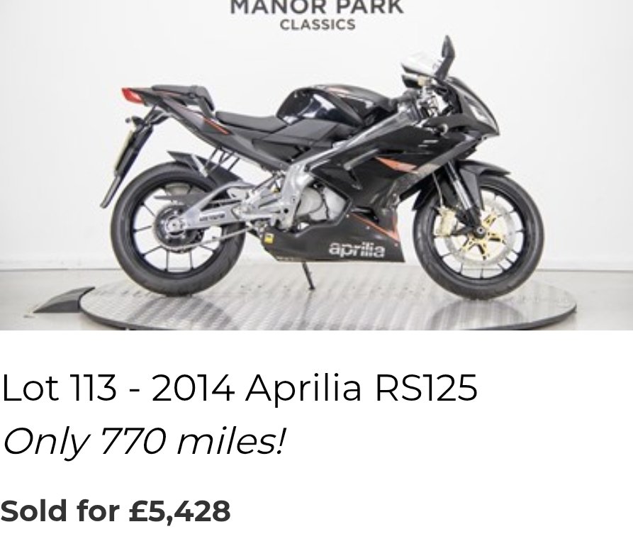 Aprilia RS125 with only 770 miles sold for £5,428 including fees...