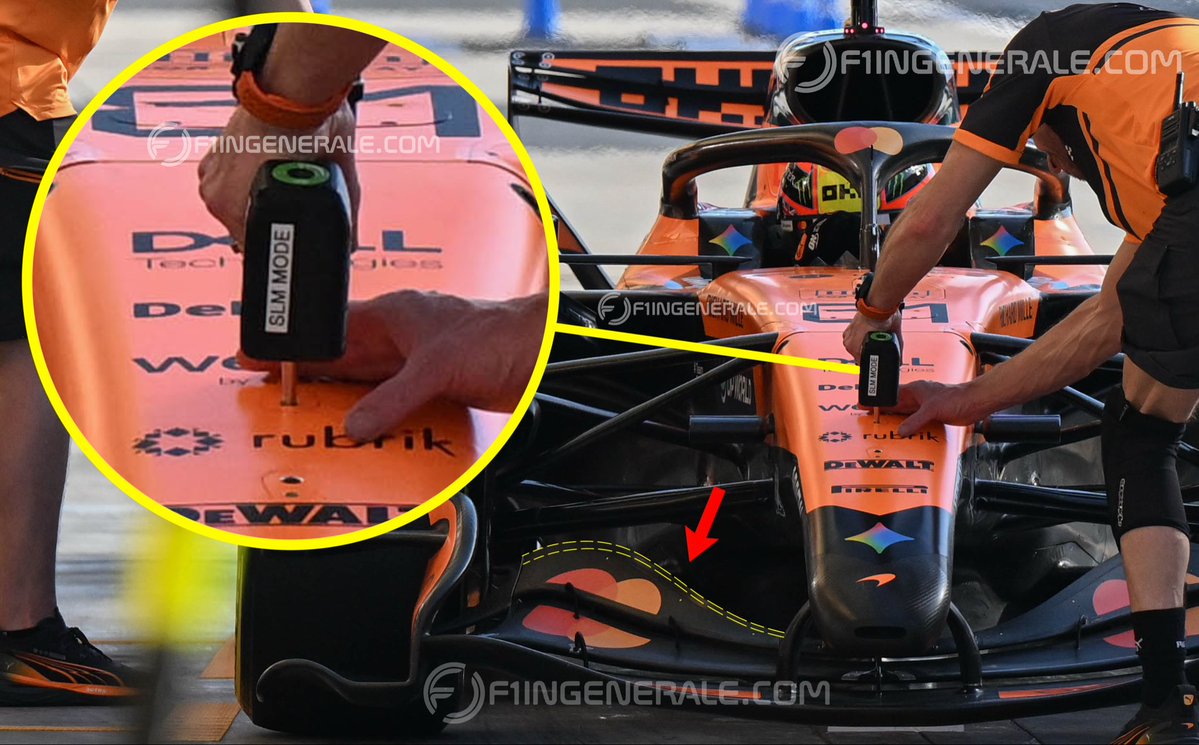 Interesting photo of a mechanic adjusting the incidence of the active aerodynamics flaps through an access hole in the nose. Many teams use this solution, which was previously located directly on the flaps.
<a href="/F1ingenerale_/">F1INGENERALE</a> 
#f1 #F1Testing #F12026 #f1tech #McLarenF1