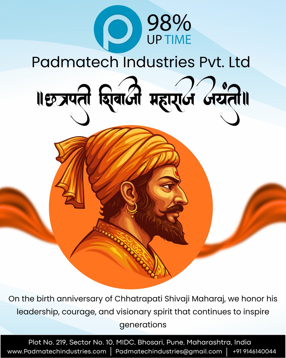 padmatechipl's tweet photo. Padmatech Industries Pvt. Ltd. remembers Chhatrapati Shivaji Maharaj on his birth anniversary. 

His legacy inspires courage, leadership, and progress. 

#ShivJayanti #ShivajiMaharaj #PadmatechIndustries #Leadership #CorporateValues https://t.co/TDyz18JHz4