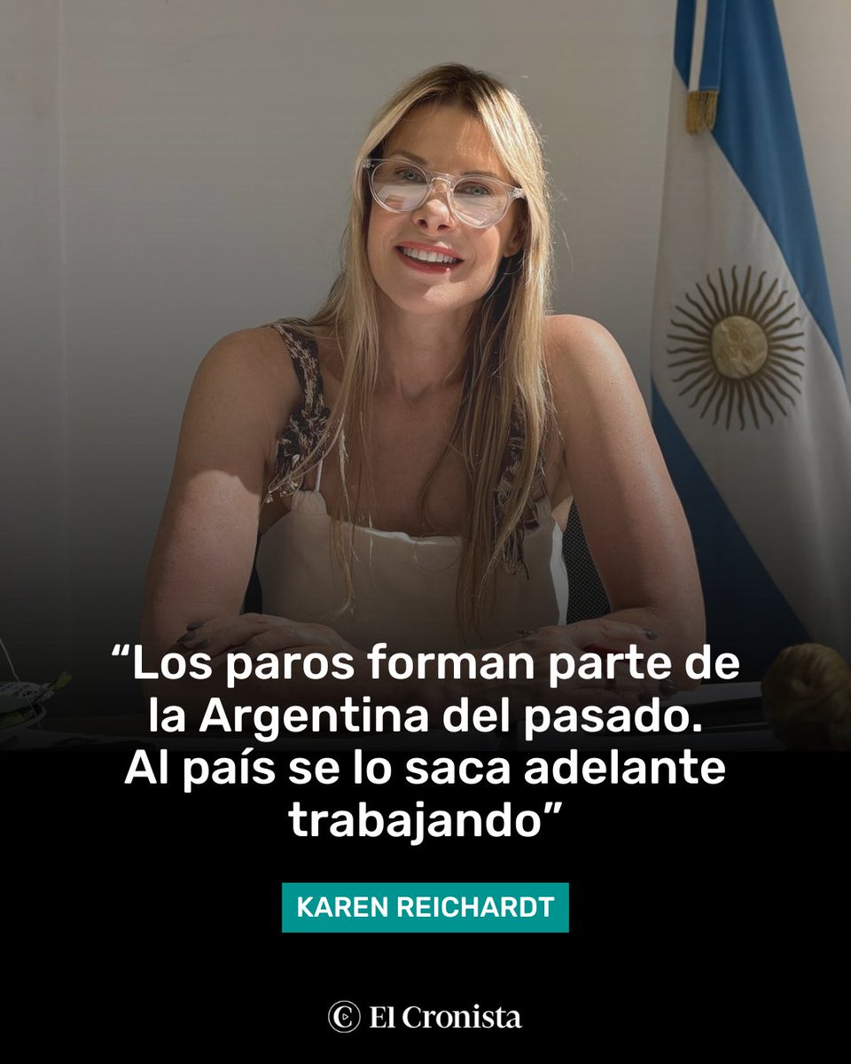 Cronistacom's tweet photo. La diputada Karen Reichardt, de La Libertad Avanza, se pronunció en contra del paro anunciado por la CGT para este jueves 19, en rechazo al tratamiento de la reforma laboral en la Cámara de Diputados.⁠
⁠
“Los paros forman parte de la Argentina del pasado. Al país se lo saca adelante trabajando”, escribió en su cuenta de X.⁠
⁠
¿Qué opinás? Te leemos en comentarios.