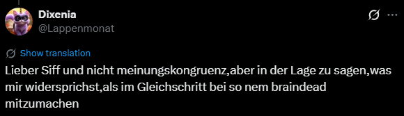 Als ich mit dir nicht mehr Meinungskongruent war, hast du mich hintenrum bei zig Leuten und Gruppen angeschwärzt

🤡