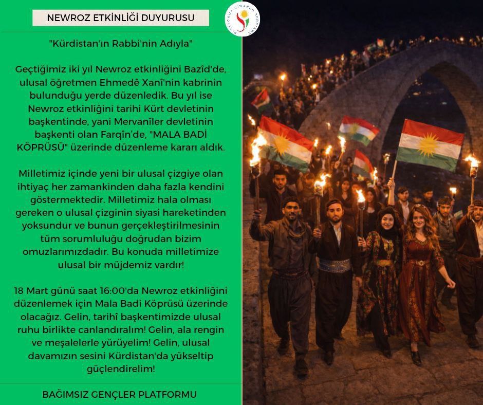 📢NEWROZ ETKİNLİĞİ DUYURUSU

 📌Yer: Mala Badi Köprüsü, Farqin, Diyarbekir 

🗓️ Tarih: 18.03.2026 

⏰Saat: 16.00 

#Newroz 
#Kürt 
#Kurdish
#Kürdistan