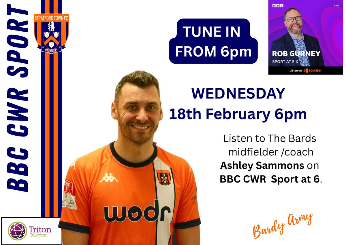 StratfordTownFC's tweet photo. Tune in at 6pm to listen to Ash Sammons with Rob Gurney this evening on BBC CWR Sport at 6. #BBCCWR #Bards https://t.co/RlCA2FObAh