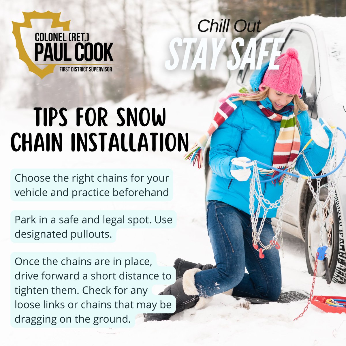 Heading to the mountains this weekend? Always park in designated pullouts before installing your chains.