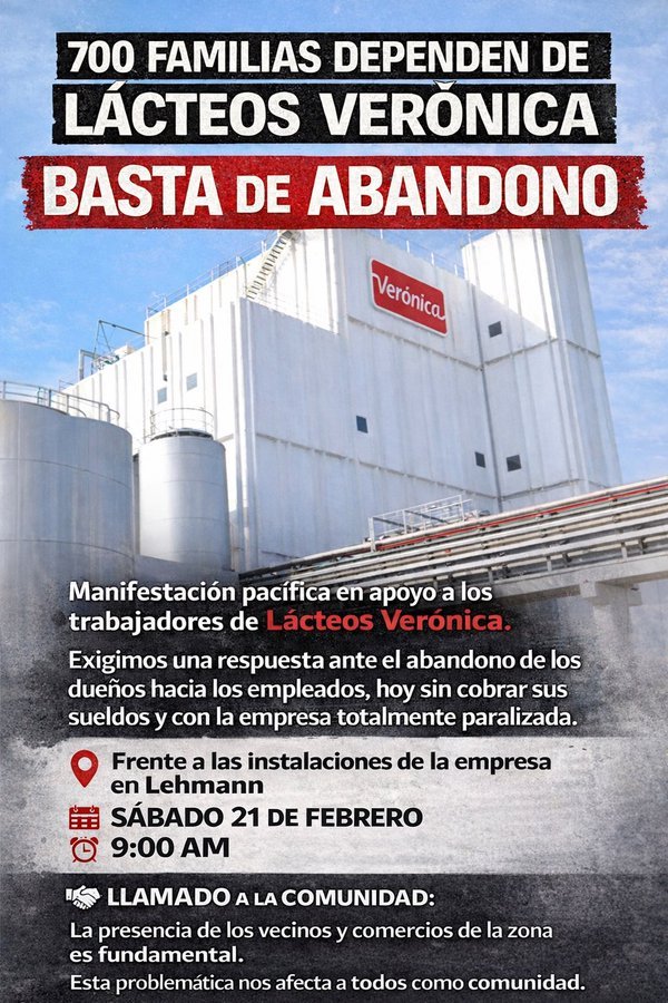 LEHMANN
Convoca a vecinos a concurrir en apoyo a los y las 700 trabajadores y trabajadoras paralizados y sin sueldo de Lácteos Verónica.

 📅 sábado 21

🕘a partir de las 9:00hs

📍planta Lácteos Verónica Lehmann

#LacteosVeronica
#Lehmann
#SantaFe 
#TrabajadoresEnLucha