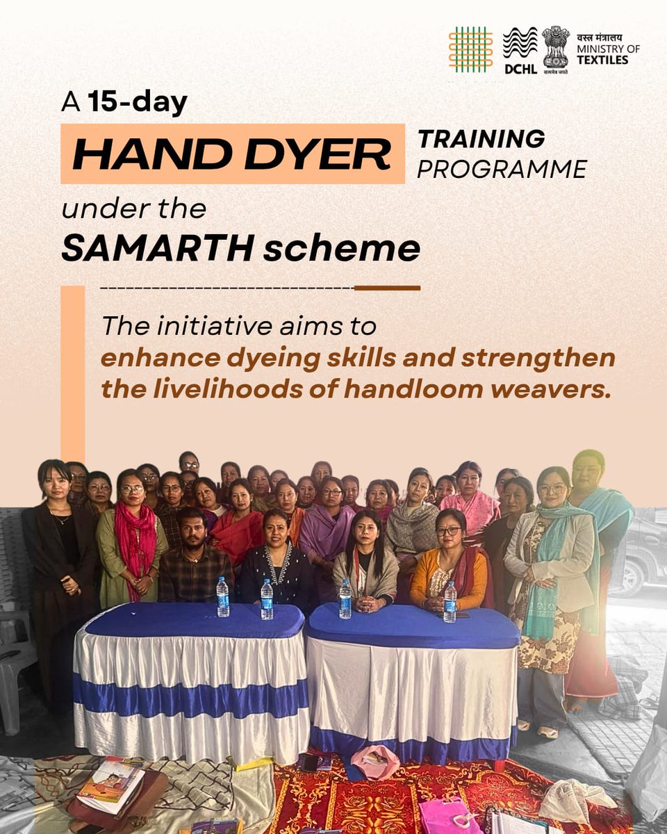 dchandlooms01's tweet photo. A 15-day Hand Dyer Training Programme under the SAMARTH scheme of the Ministry of Textiles, Government of India.
#samarth #weaversofindia #handloomsector #dchandlooms #ministryoftextiles https://t.co/cvkRJGT9OW