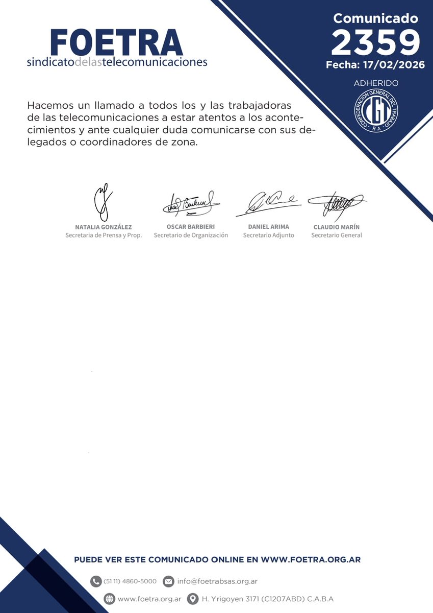 Defendamos nuestro trabajo. Adherimos al Paro General de 24 horas convocado por la CGT y nos movilizamos al Congreso este jueves 19/02 #NoALaReformaLaboral