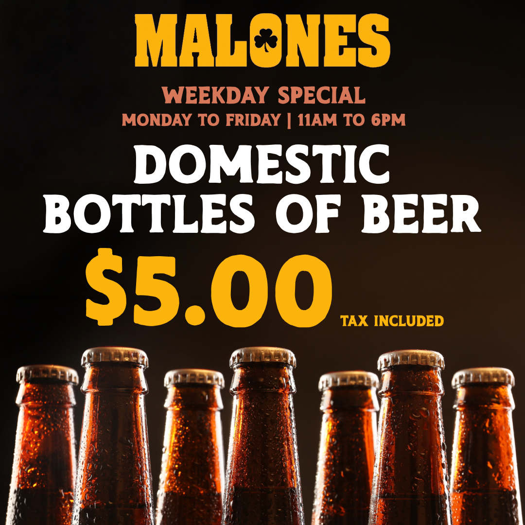 Midweek hunger? We’ve got the cure.

Wednesdays at Malones mean one thing: Burger Night.

Dig into our JUMBO ½ lb homemade burger stacked with all the classic fixings — just $10.

Grab one of our new drink specials and call it a perfect pair!

#DemandYourMalonesTyme