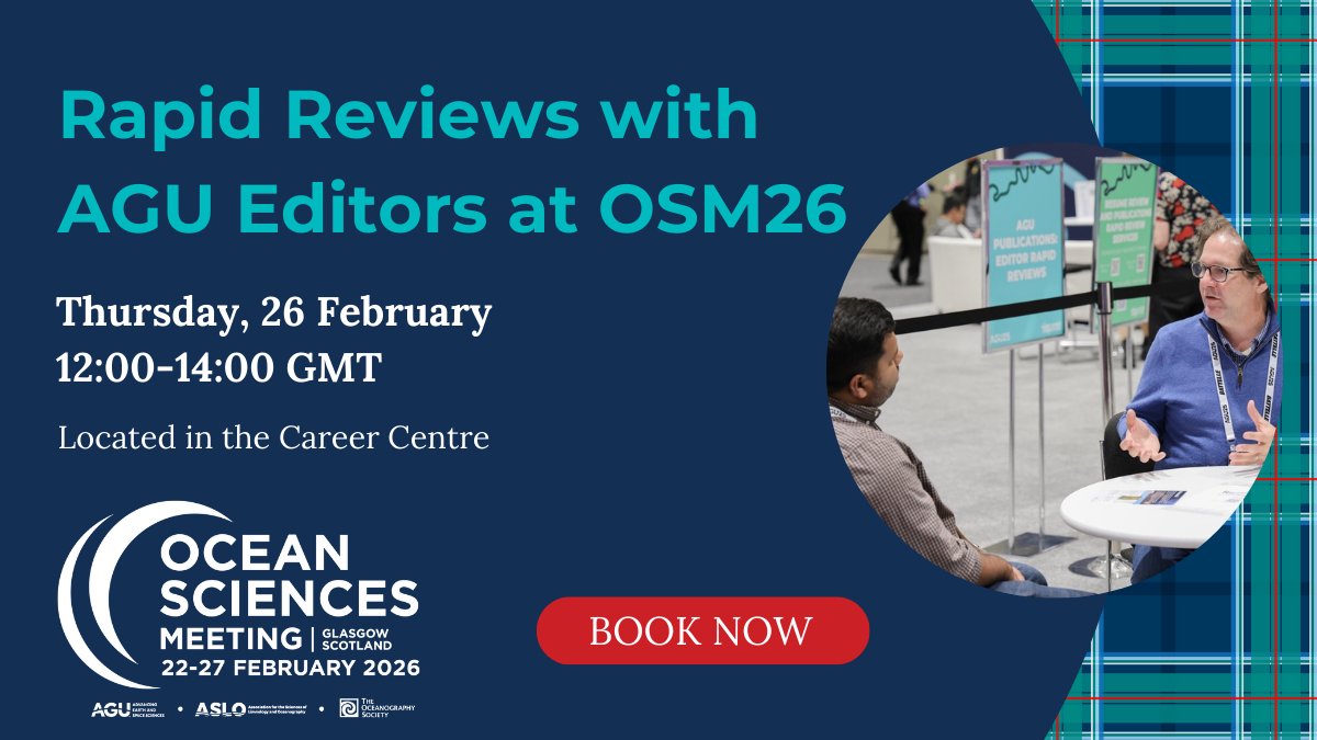 🌊Sign up to discuss your work with an AGU journal editor at #OSM26!

📚In a 15-minute session, get tailored advice on publishing and choosing the best journal for your research. Bring your abstract, poster, or elevator pitch and join us in the Career Center.

➡️Book your