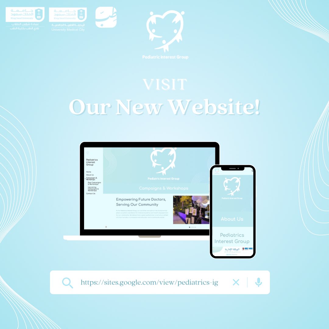 PedsGroup_Ksu's tweet image. نحن الآن أقرب إليكم!

يسرّنا إطلاق موقع مجموعة الطلبة المهتمين بطب الأطفال؛ منصة متكاملة تجمع إنجازاتنا، فعالياتنا، وإضاءاتنا المعرفية في مكان واحد، لنبني معًا مستقبل أطباء الغد👶🏻🩵

رابط الموقع :
 sites.google.com/view/pediatric…