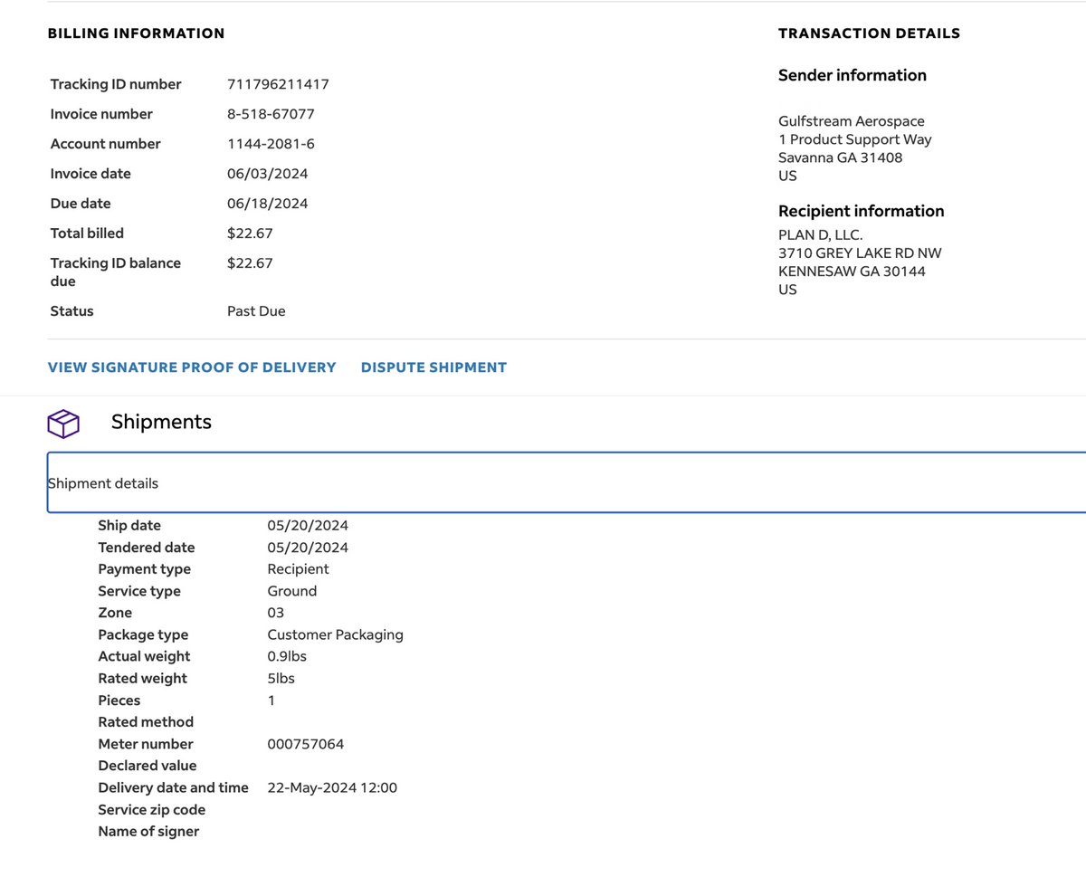 🚨Epstein's FedEx account🚨

Invoice due date: 18 June, 2024

Customer: Jeffrey E Epstein, 9 E 71st St, New York 

Delivery date and time: 22 May, 2024, 12pm