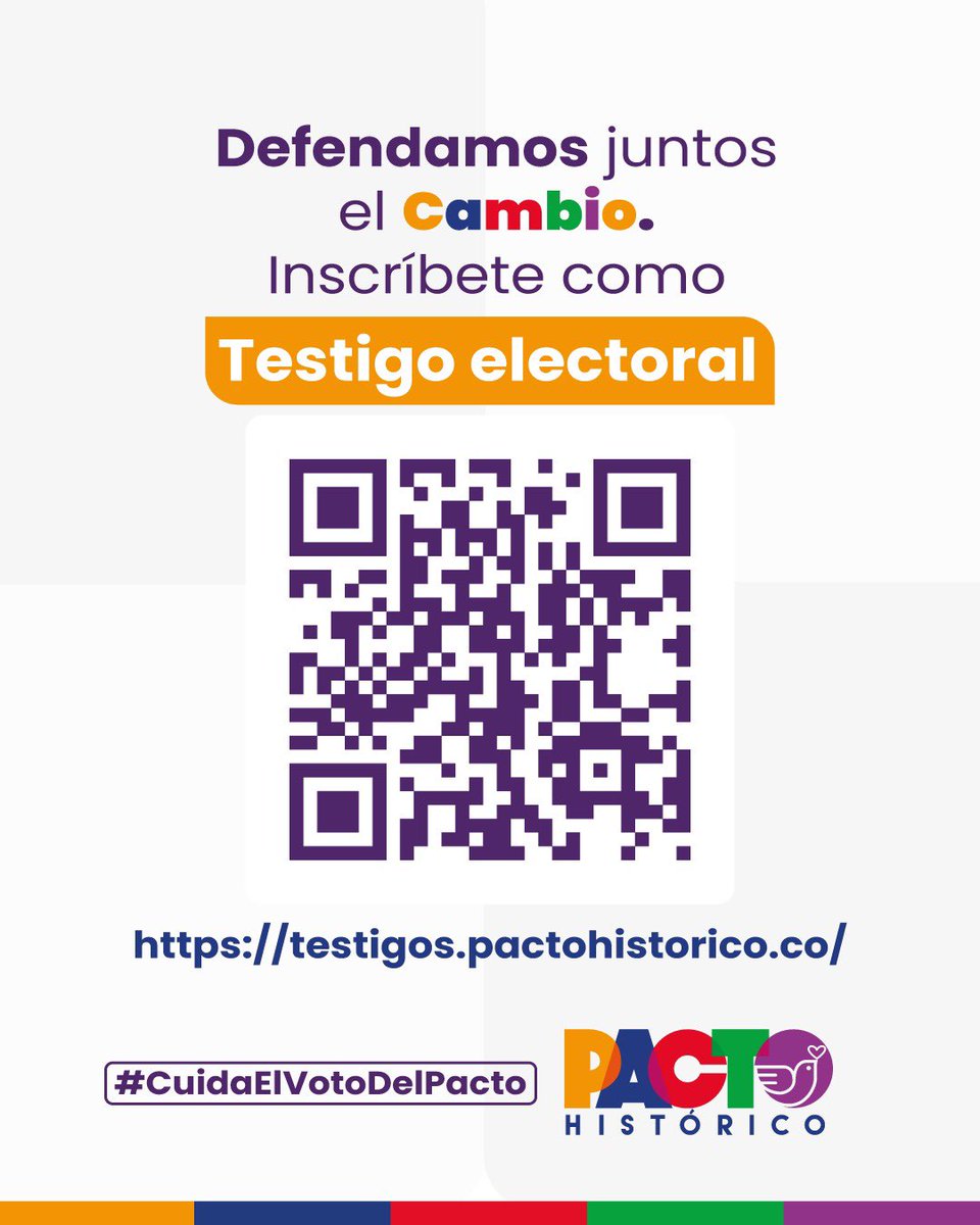 PactoCol's tweet photo. #CuidaElVotoDelPacto 🚨 Ante los riesgos electorales denunciados, llamamos a las y los demócratas, progresistas y ciudadanía en general a conformar una gran Registraduría Popular, que cuide el voto y futuro del país.
Necesitamos una veeduría activa, informada y movilizada en defensa de la democracia.
Inscríbete como testigo electoral en:

https://t.co/BZrSmdj9jx