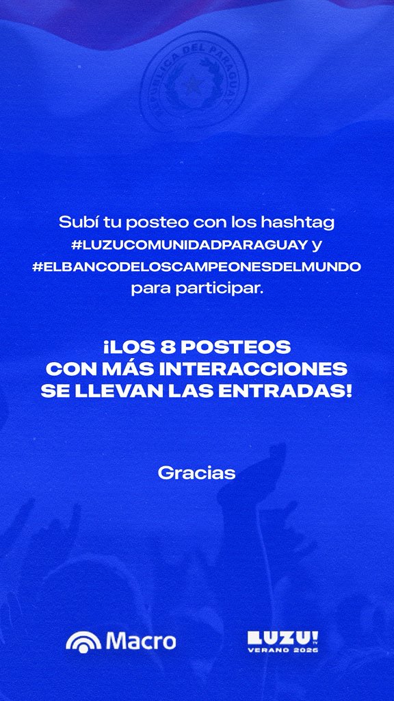 🚨SORTEO PARA EL MUNDIAL
recuerden usar los hashtags correctos:
#LuzuComunidadParaguay y #ElBancodelosCampeonesdelMundo suerteee