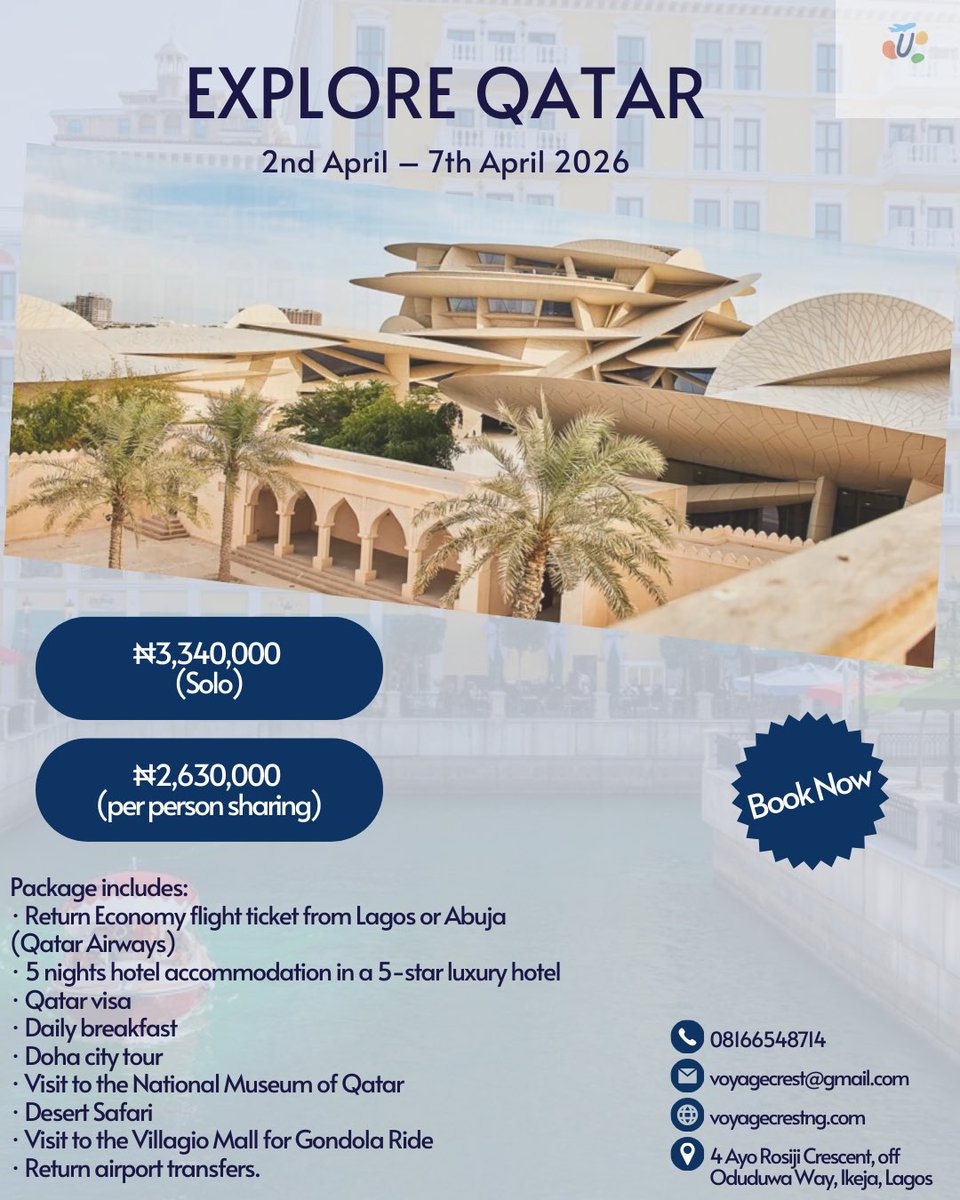 voyagecrestng's tweet photo. QATAR is not just a trip… it’s a SOFT LIFE experience 🇶🇦✈️

Luxury hotel. Desert safari. Stunning Doha skyline.
Even a gondola ride inside a mall 😮‍🔥

If you’ve been saying “one day I will travel” - this is your sign.

📩 Send a DM now to secure your spot.

#traveltwitterng https://t.co/p4KRKR3liR