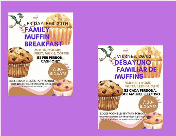 Join us for a Muffin Breakfast this Friday, February 20th from 7:30-8:15 sponsored by Edgebrook PTO! See photo for details! #ebroadrunners #d15rocks