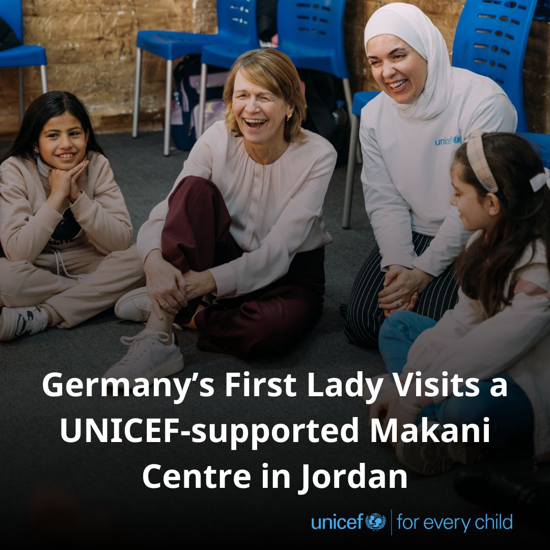 UNICEFJordan's tweet photo. A pleasure hosting the First Lady of Germany, Mrs. Elke Büdenbender, at a UNICEF-supported Makani centre in Amman!

In 114 of these safe spaces across Jordan, children come to learn, play and develop skills they need for life  - building confidence and friendships along the way. https://t.co/Q8o7Bzxde6