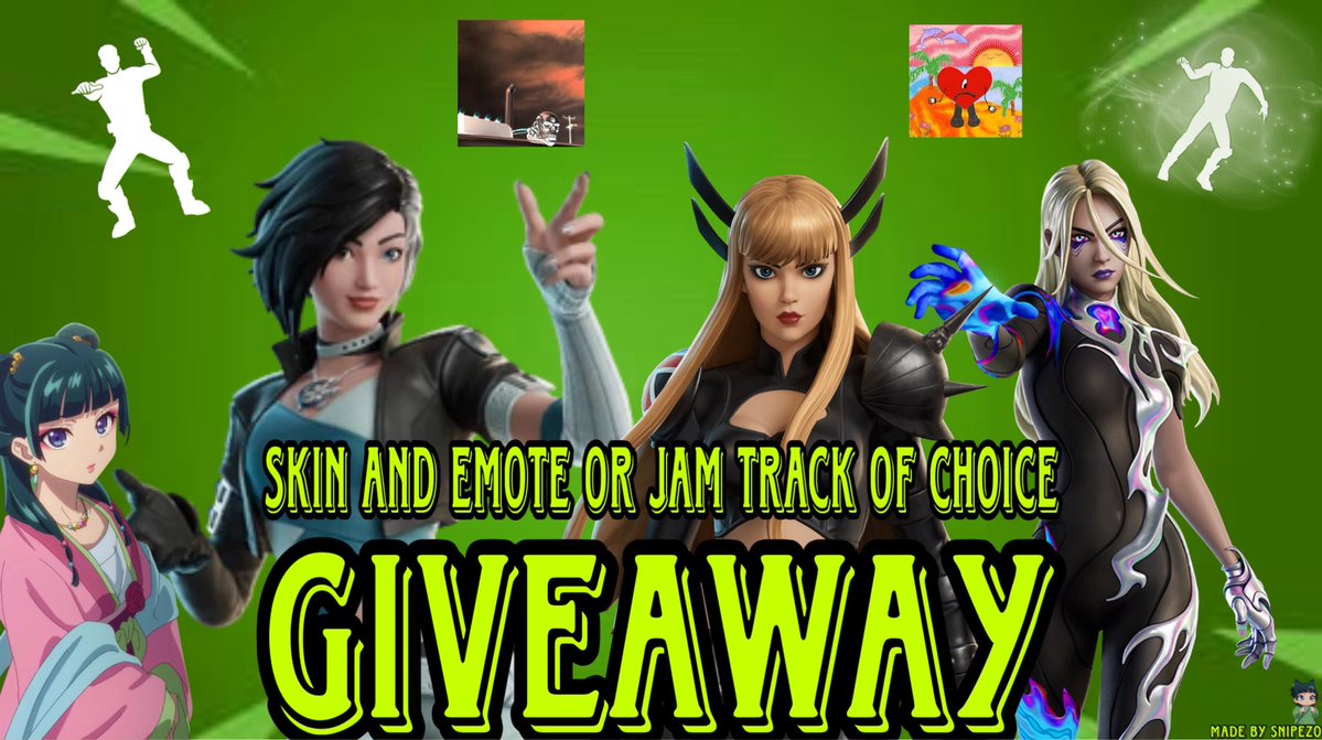 Skin of Choice Giveaway 

2x Skin of Choice ( up to 1,500 vbucks)

1x Emote or Jam Track 

3x Winners 

Rules:

Follow <a href="/ssnipezo_/">Snipezo</a> and <a href="/Ground_doom/">Ground-doom20XX</a> 
❤️Like
🔄Repost 
Tag a Friend 
Let us know what you want!👀

Ends in 48 hours

Good luck everyone🍀

#Fortnite