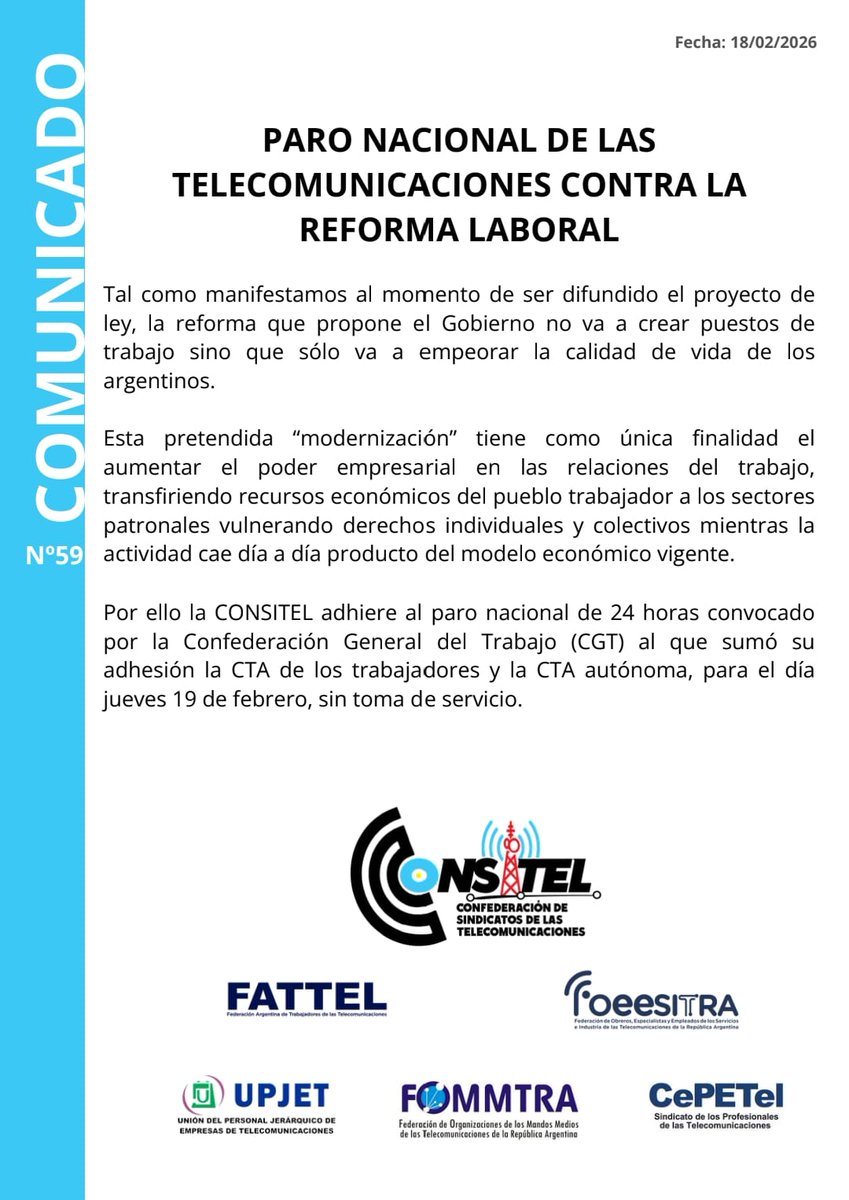 Paro Nacional de las Telecomunicaciones contra la Reforma Laboral #NoALaReformaLaboral