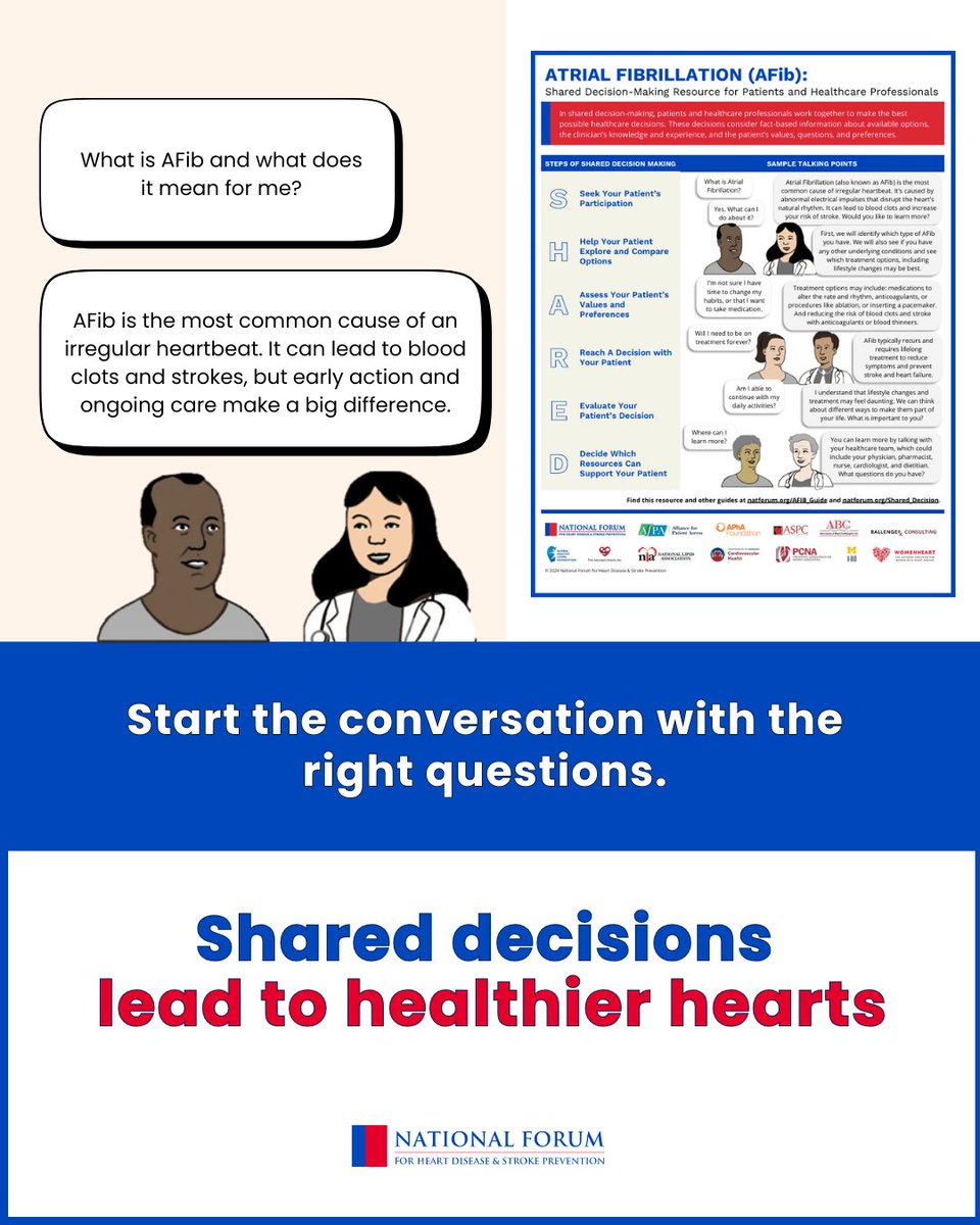ASPCardio's tweet image. Living with AFib raises stroke risk by five times.
 
This Heart Month, get the questions that help patients and providers plan the best care together.
 
Download a free SHARED decision-making guide: natforum.org/afib-guide
 
#HeartMonth #HeartHealth #AFib