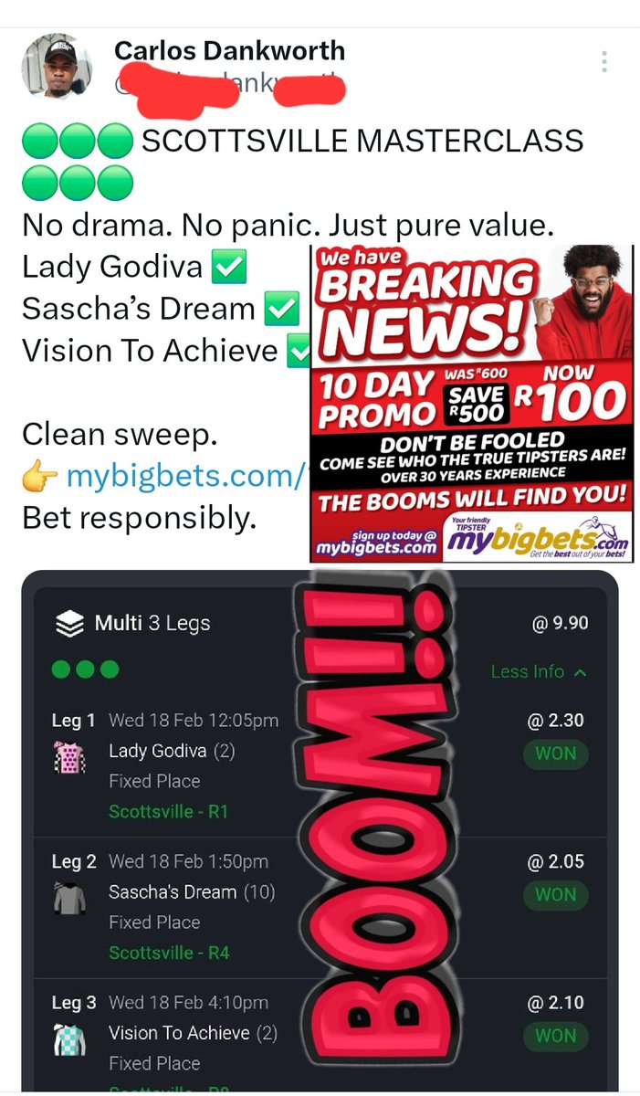 MyBigBets1's tweet photo. 🍏MYBIGBETS PUNTERS BOOM 🌟🌟🌟🌟🏇🏻🏇🏻🏇🏻🏇🏻🏇🏻🌟🌟🌟🌟

💥🏇🏻💥 BREAKING NEWS 💥🏇🏻💥

📣10-Day Exclusive Package Deal  
Old Skool price only R100...🌟💲☑️

📣Limited to the first 100 customers or until end February ☑️

📣🌟50 Spots Left 🕺⚽️💃🏇🏻🎙☑️

📣50 FREE MERCH POINTS ON SIGN UP💫🕺💫💃☑️

🏇🏻🎙 https://t.co/dSfnWJZZDO LINK ⚽️☑️

MYBIGBETS 🎙🏇🏻⚽️💲🌟✅️
®️ LET THE BOOMS FIND YOU ®️

#MYBIGBETS #HorseRacing
#HorseRacingtips #betway #biggie #Sundowns #Pirates 
@carlosdankworth