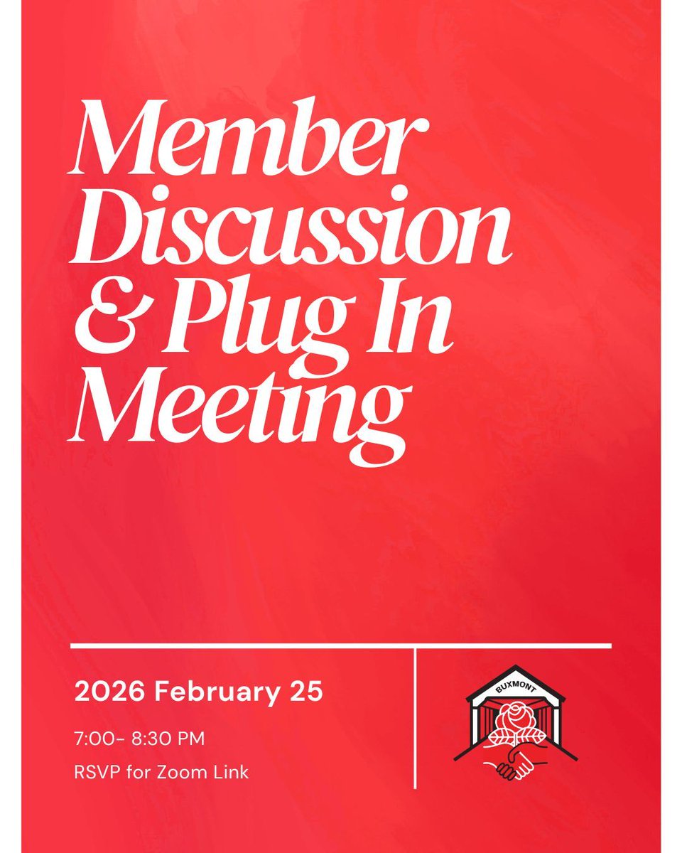 Looking to get involved in our projects and campaigns - or to volunteer for some essential administrative tasks - but don’t know where to start? This meeting is for you! 

Join BuxMont DSA for our monthly virtual Member Discussion &amp; Plug-In meeting: buxmontdsa.org/2026-2-25-plug…