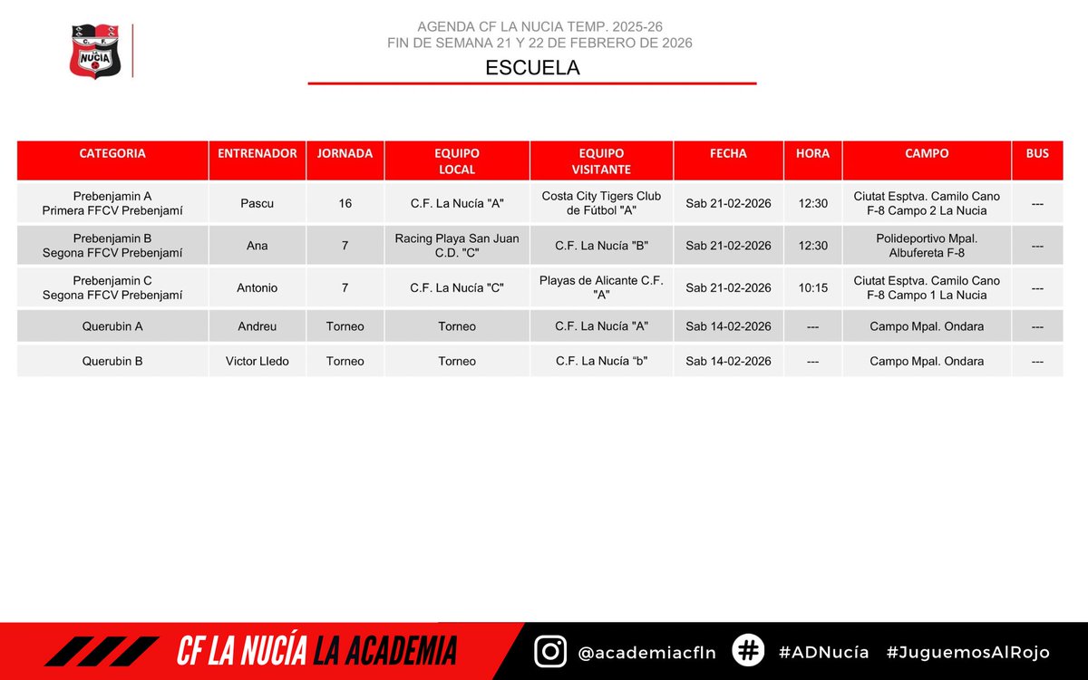 🔴🅒🅕🅛🅝🔴

𝗛𝗢𝗥𝗔𝗥𝗜𝗢𝗦 | Ganas de partidos en la <a href="/CDCamiloCano/">Ciudad Deportiva Camilo Cano La Nucía</a>. 😍

🗓️⚽️

#JuguemosAlRojo ♥️

#ADNucía🧬 
#LaNucíaCiudadDelDeporte